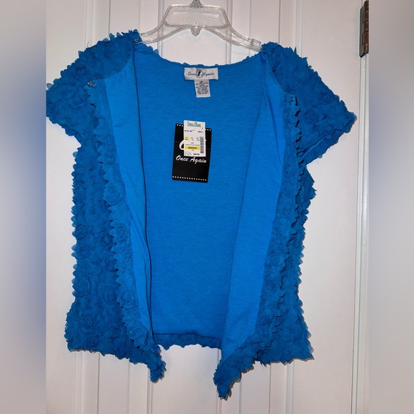 ONCE AGAIN Cardigan Size Small Peacock Blue Short Sleeve 2D Floral Print Ruffle - Picture 13 of 15
